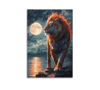 Poster sur toile moderne pour chambre à coucher - Poster animal tigre - La bête lion sous la lune crée une atmosphère fantastique et majestueuse pour les salles d'étude, les zones d'exposition d'art