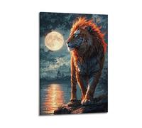Poster sur toile moderne pour chambre à coucher - Poster animal tigre - La bête lion sous la lune crée une atmosphère fantastique et majestueuse pour les salles d'étude, les zones d'exposition d'art