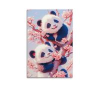 Poster sur toile représentant deux bébés pandas sur des branches de cerisier - Décoration murale moderne - 50 x 75 cm - Style sans cadre