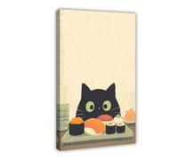 Poster sur toile représentant un chat mignon et des sushis - Décoration pour chambre à coucher, bureau, chambre - Cadeau - 30 x 45 cm