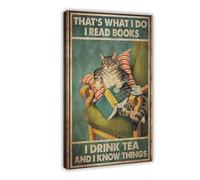 Poster sur toile représentant un chat qui lit et boit du thé avec un canapé de style rétro pour décoration de chambre à coucher, bureau, chambre, cadeau 30 x 45 cm