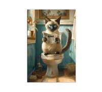 Poster sur toile représentant un chat siamois assis sur les toilettes et lisant un journal - Décoration pour chambre à coucher, bureau, chambre à coucher - 30 x 45 cm