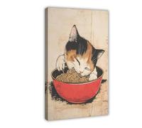 Poster sur toile représentant un chaton mangeant des ramen - Décoration murale pour salon, chambre à coucher - 40 x 60 cm