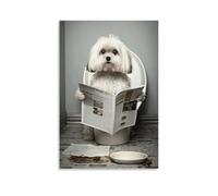Poster sur toile représentant un chien maltais assis sur des toilettes en train de lire un journal, mignon et insolite, de style vintage, affiche d'art sur toile, décoration murale pour salon, chambre