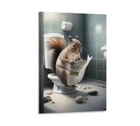 Poster sur toile représentant un écureuil assis sur des toilettes, lisant un journal, art vintage, humoristique, pour salle de bain, décoration murale pour salon, chambre à coucher, 20,3 x 30,5 cm (20
