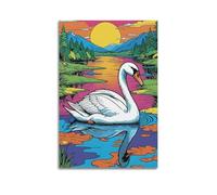 Poster sur toile représentant un lac des cygnes - Décoration murale colorée - 50 x 75 cm - Style sans cadre