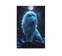 Poster sur toile représentant un lion mystique - Gardien au clair de lune - Forêt enchantée - Décoration pour chambre à coucher - 40 x 60 cm