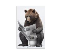 Poster sur toile représentant un ours assis sur des toilettes en train de lire un journal vintage drôle pour salle de bain 40,6 x 61 cm (40 x 60 cm)