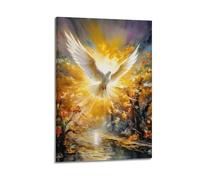 Poster sur toile représentant une colombe volante sacrée et radieuse, coucher de soleil, rivière, harmonie naturelle, œuvre d'art décorative pour chambre à coucher, 60 x 90 cm