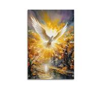 Poster sur toile représentant une colombe volante sacrée représentant des plumes rayonnantes coucher de soleil sur rivière nature harmonie (50 x 75 cm)