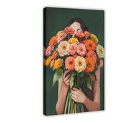 Poster sur toile représentant une femme tenant un bouquet de fleurs cosmos pour décoration de chambre à coucher, bureau, chambre, cadeau 20 x 30 cm