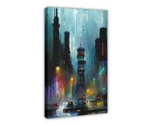 Poster sur toile Surreal Future City Rainy Night - Décoration pour chambre à coucher, bureau, chambre - Cadeau 50 x 75 cm