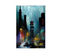 Poster sur toile Surreal Future City Rainy Night - Décoration pour chambre à coucher, bureau, chambre - Cadeau 60 x 90 cm