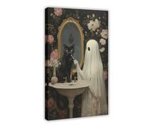 Poster sur toile The Comical Bathroom Ghost Brushes The Cat Teeth - Décoration de chambre à coucher, bureau, chambre - Cadeau 40 x 60 cm