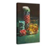 Poster sur toile Whisky et jetons de poker pour décoration de chambre à coucher, bureau, chambre, cadeau 30 x 45 cm