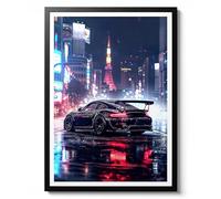 Poster Tokyo Tower Speedster, art mural moderne - Impression de voiture de rue de ville nocturne - Décoration de Tokyo néon - Impression cadeau du Japon urbain - Format A4 (impression uniquement