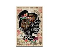 Poster vertical « Books Into The Library » - Art mural vintage - Amoureux de livres - Affiche de dictionnaire de livre - Décoration - Peinture à l'huile - 30 x 45 cm - Cadre en bois