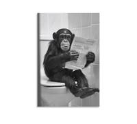 Poster vintage amusant sur toile de singe assis sur les toilettes, lisant un journal, pour salle de bain, décoration murale pour salon, chambre à coucher, 40,6 x 61 cm (40 x 60 cm)