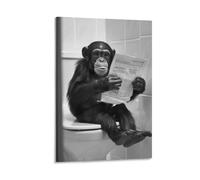 Poster vintage amusant sur toile de singe assis sur les toilettes, lisant un journal, pour salle de bain, décoration murale pour salon, chambre à coucher, 20,3 x 30,5 cm (20 x 76,2 cm)