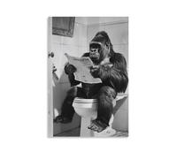 Poster vintage amusant sur toile représentant un gorille assis sur des toilettes et lisant un journal - 40,6 x 61 cm