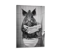 Poster vintage amusant sur toile représentant un sanglier assis sur des toilettes en train de lire un journal - 20 x 30 cm