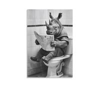 Poster vintage avec rhinocéros assis sur des toilettes et lisant un journal de salle de bain - Art vintage - Art mural - Peinture pour salon, chambre à coucher - 40 x 60 cm