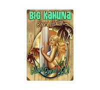 Poster vintage Big Kahuna Beach House BAB Beer and BBQ Pin Up Girl en métal aluminium 20,3 x 30,5 cm Décoration murale