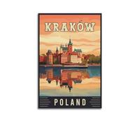 Poster vintage - Cracovie Pologne, château au bord de la rivière, poster de réflexion moderne sur toile, esthétique et décoration, 30 x 45 cm, sans cadre
