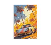 Poster vintage de voiture de sport tropicale, coucher de soleil tropical, palmiers, rétro des années 80, poster décoratif sur toile, affiches murales et image d'art moderne pour chambre à coucher (40