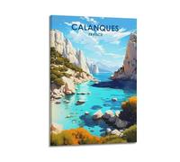 Poster vintage de voyage Calanques France - Impression sur toile - Décoration murale pour salon - 30 x 45 cm