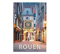 Poster vintage de voyage de France Rouen - Grande horloge sur toile - Décoration murale pour chambre à coucher, bureau - Cadeaux de fête - 40 x 60 cm