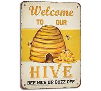 Poster vintage en métal « Welcome To Our Hive », « Bee Nice Or Buzz Off », décoration murale pour maison, garage, salle de bain, café, bar, club, jardin, cour, ferme, 20,3 x 30,5 cm