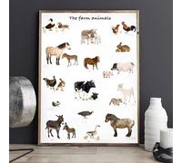 Poster vintage fantaisie avec animaux de la ferme, poulet, cochon, mouton, cheval - Décoration murale en métal - 20,3 x 30,5 cm