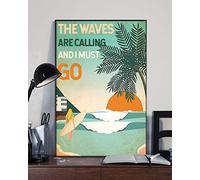 Poster vintage « Girl and Beach » avec inscription « The Waves Are Calling And I Must Go » - 20,3 x 30,5 cm