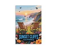 Poster vintage sur toile pour salon, chambre à coucher, coucher de soleil et falaises californiennes - 20 x 30 cm