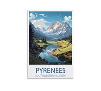 Poster vintage sur toile représentant l'Europe du Sud-Ouest des Pyrénées - Décoration murale pour salon - 50 x 75 cm