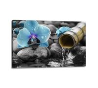 poster Zen Minimalist Wall Art - Blue Orchid and Bamboo Water Canvas Print, Serene Asian Style Decor for Living Room & Bedroom(Framed,16x24inch(40x60cm))