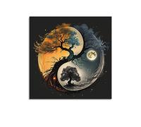 Poster Zen Yin Yang Arbre du jour et de la nuit - Art mural rétro esthétique - Décoration de chambre et de bureau - 50 x 50 cm - Sans cadre