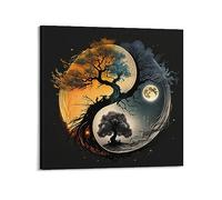 Poster Zen Yin Yang Arbre du jour et de la nuit - Art mural rétro esthétique - Décoration de chambre ou de bureau - 30 x 30 cm - Style cadre