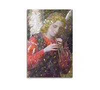 Posters modernes sur toile pour décoration d'intérieur - Affiches religieuses d'ange dans une tenue rouge et violette jouant d'une flûte, avec des fleurs dans les cheveux - Œuvre d'art 40 x 60 cm