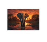 Posters sur toile imprimée éléphant de rivière forestière, animal sauvage, coucher de soleil, décoration murale pour salon, chambre à coucher