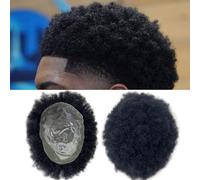 Postiche Afro Kinky Curly pour homme, postiche en polyuréthane noir, cheveux brésiliens naturels ondulés de 4 mm, aspect naturel(BLACK,15 * 20cm)