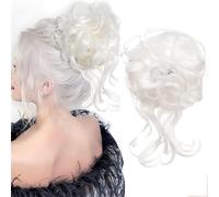 Postiche avec élastique - Chouchou avec cheveux - Chignon décoiffé style messy bun - Postiche de cheveux pour chignons et coiffures relevées pour femmes et filles (blanc)