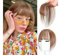 Postiche avec frange à clipser - 100 % cheveux humains naturels - Couverture à 360° - Pour femme - Fausse frange - Brun clair, frange 3D