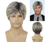 Postiche Cheveux Naturel pour Homme Perruque de Cosplay synthétique naturelle résistante à la chaleur for homme, perruque courte bouclée noire mélangée de cheveux gris for homme, perruque cadeau for p