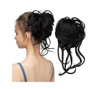 Postiche élastique synthétique bouclée en désordre, chouchou, noir, blond, brun, cheveux naturels, Chignon, beignet, faux for femmes Ponytail Extension(Jet Black)