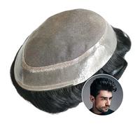 Postiche pour cheveux pour hommes Postiche for homme, postiche en cheveux indiens Remy, système de remplacement de cheveux humains for hommes, revêtement fin en mono Top Poly autour de la prothèse cap