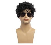 Postiche pour le front Perruque de cheveux bouclés courts noirs for hommes, couverture complète la tête for un usage quotidien