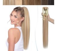 Postiche Queue de Cheval Blonde Naturel - Queue de Cheval Extension Vrai Cheveux - Rajout Que de Cheval Cheveux Humain - 55CM 18P613#Ash Blond & Blond très Clair 22 pouce