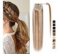 Postiche Queue de Cheval Cheveux Naturel Lisse Raide - Fausse Queue de Cheval Attaché Par Ruban Adhésif - Extension Ponytail Cheveux Humains - 16"(40CM) 12P613#Brun Doré & Blond Blanchi